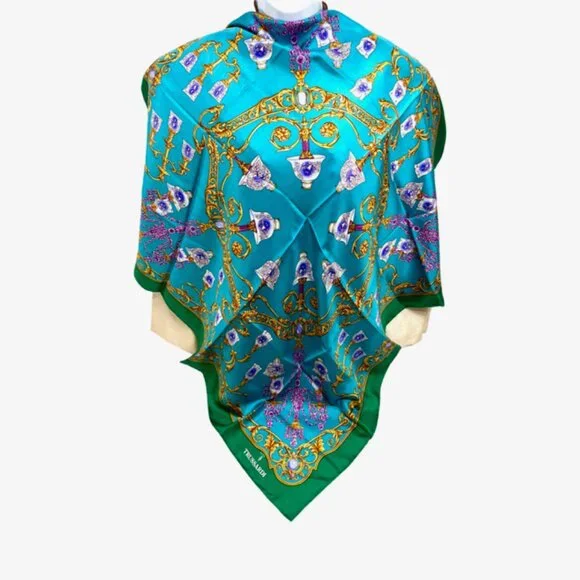 Unused TRUSSARDI 100% SILK Lg SCARF 34" Teal Green Gold Glass Purple (40 - Picture 1 of 13